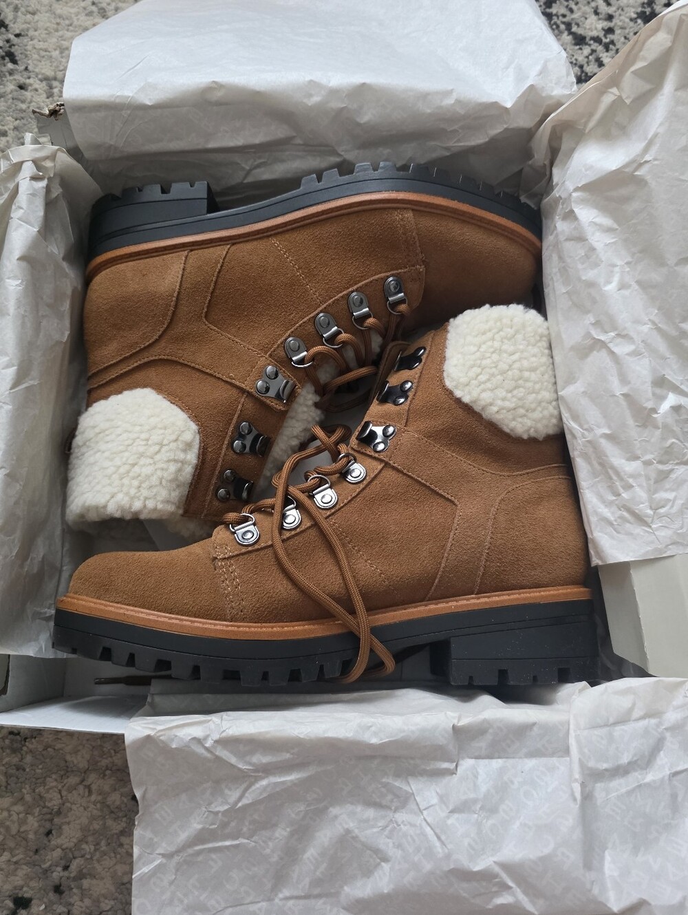 Marc Fisher Isalia Suede Laceup Booties Lug Sole Womens 8 NIB Brown Leather Boho